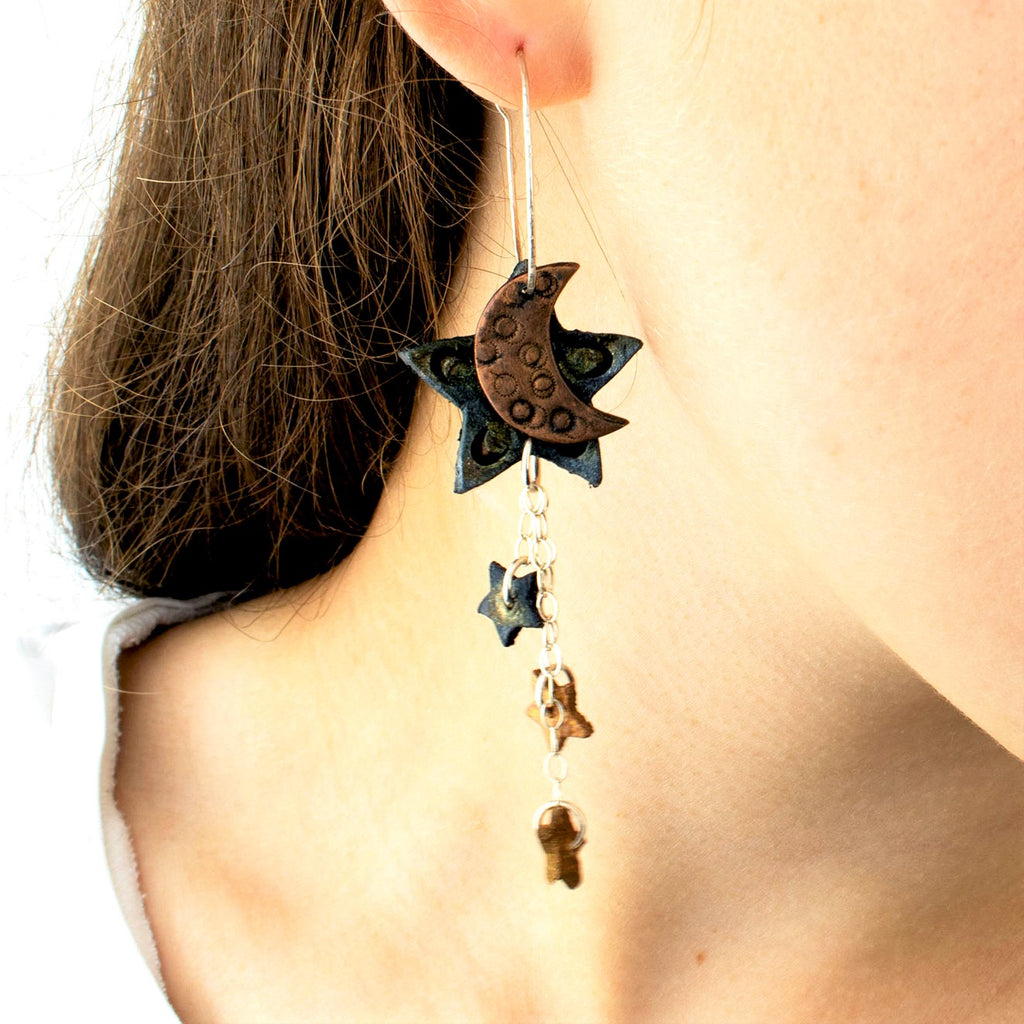 LPDstudios -Behind the Scenes - Blue Leather Stars with Copper Moon and Mini Star Earrings