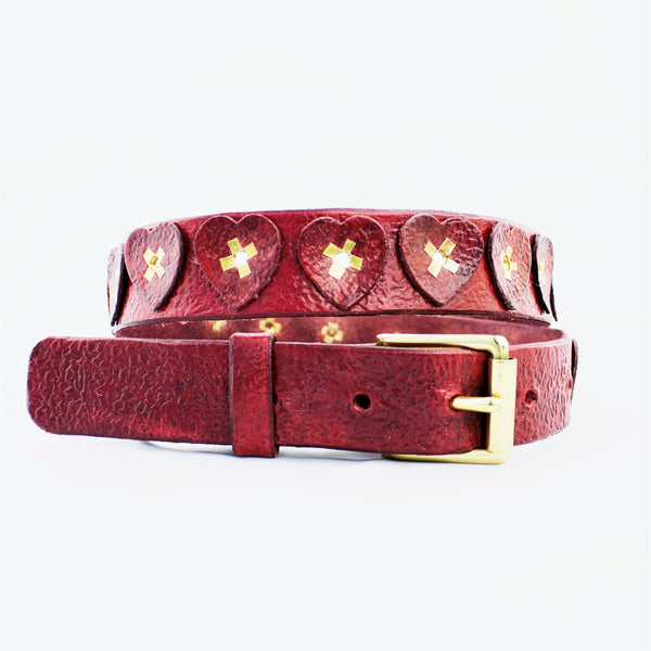Distressed Antique Red Vintage Leather Belt with Hearts, Brass
