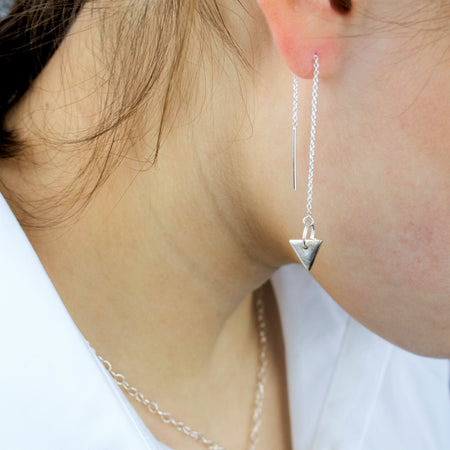 Fine Silver Triangle Drop Earrings on a Sterling Silver Cable Earring Chain