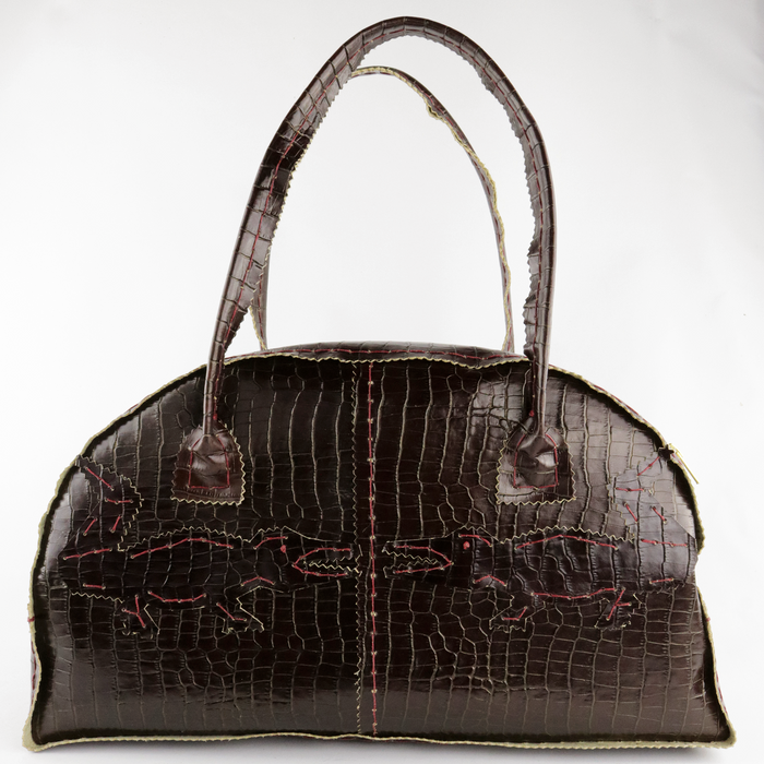 Chocolate Brown Embossed Leather with Alligators in Half Moon Shape