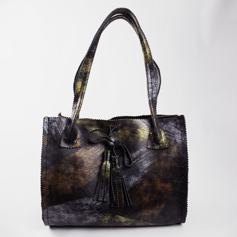 Black Leather Handbag with Gold, Silver and Copper Paint Motif