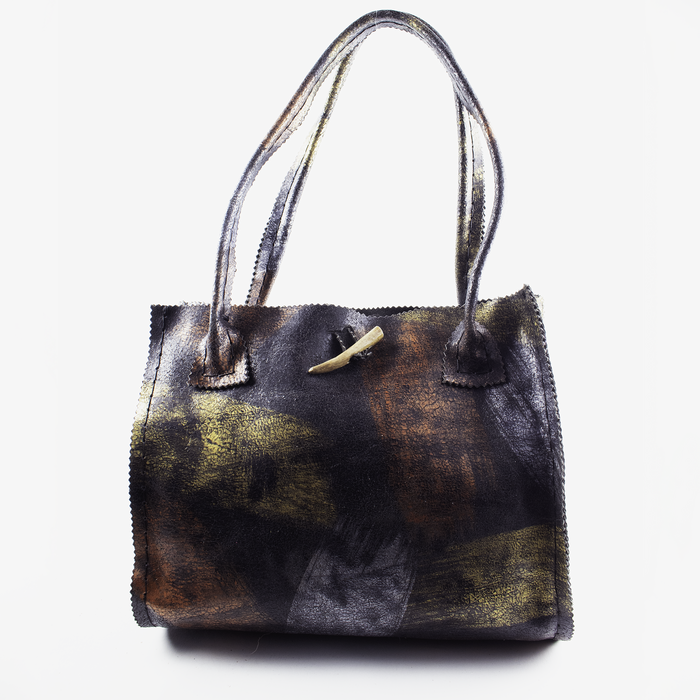 Black Leather Handbag with Gold, Silver and Copper Paint Motif