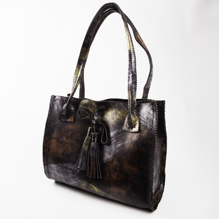 Black Leather Handbag with Gold, Silver and Copper Paint Motif