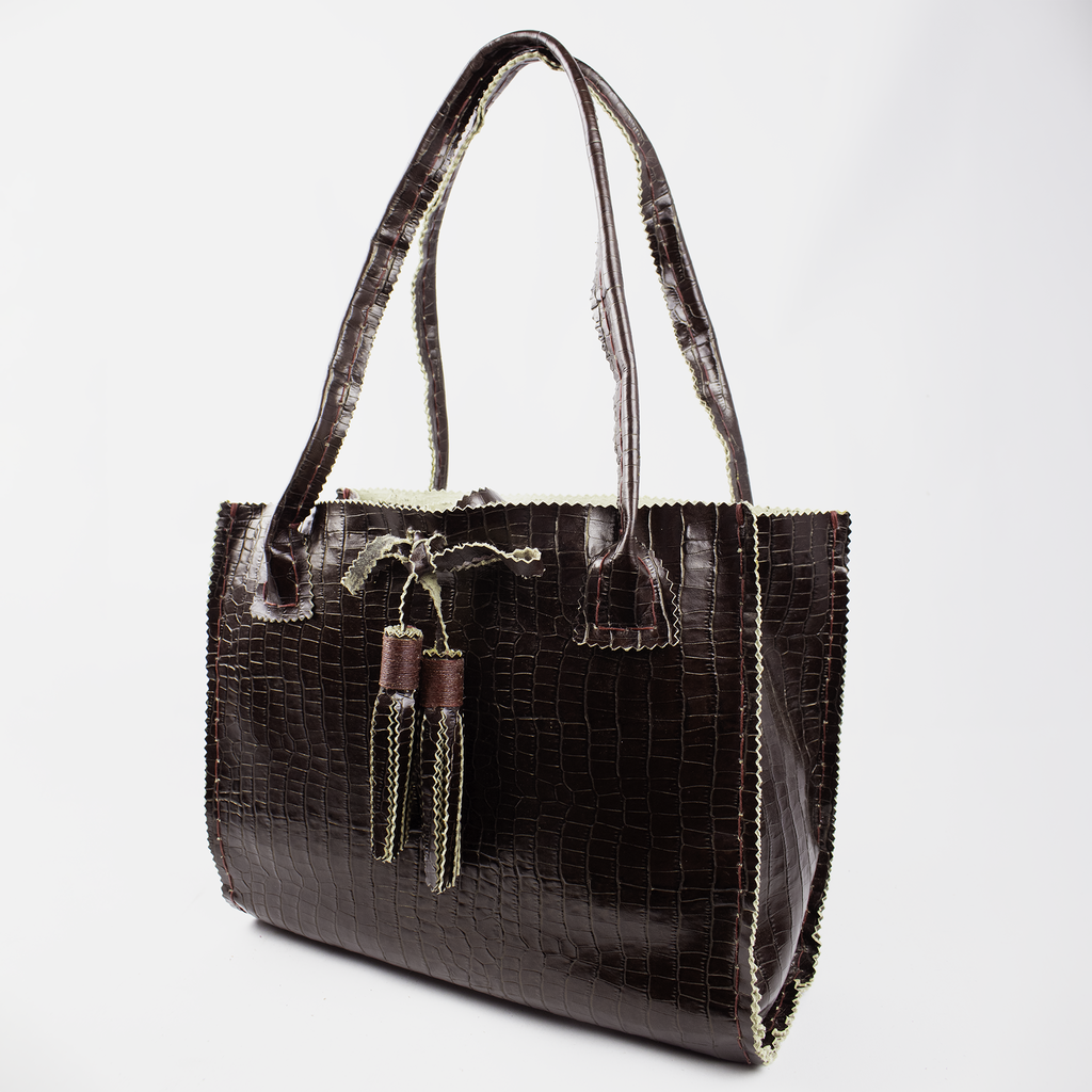 Chocolate Brown Embossed Leather Handbag with Tassels.