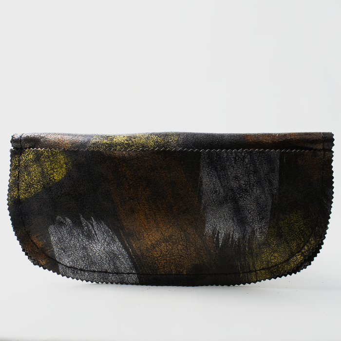 Black Leather Clutch with Gold, Silver and Copper Paint Pattern