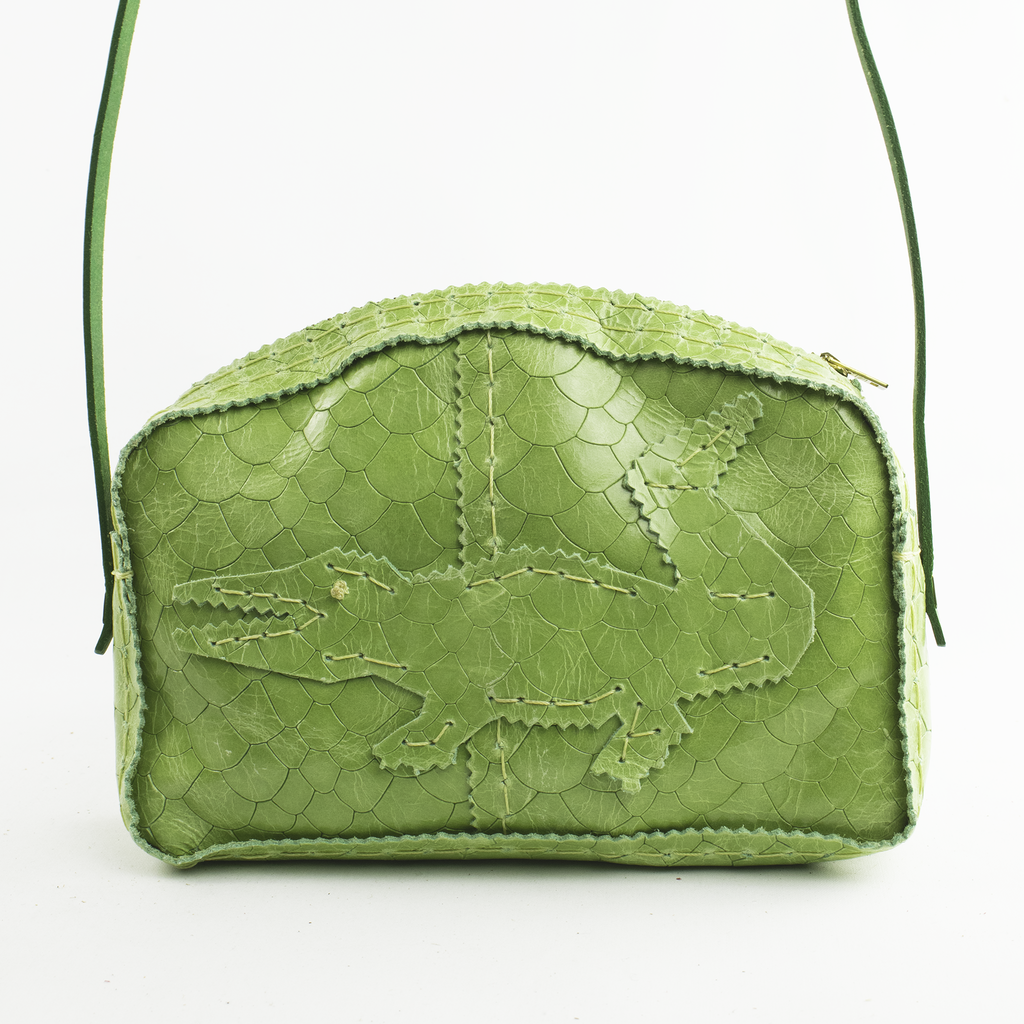 Apple Green Reptile Embossed Leather Hobo with Alligator