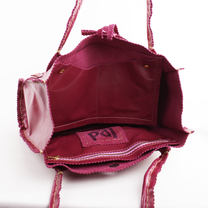 Geranium Pink Leather Handsewn Tote with Custom Elephants