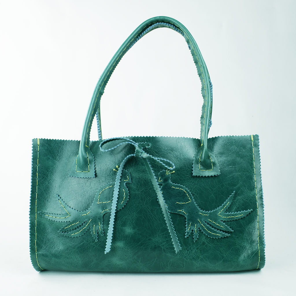 Deep Turquoise Green Leather Tote with Peacock Bird Design