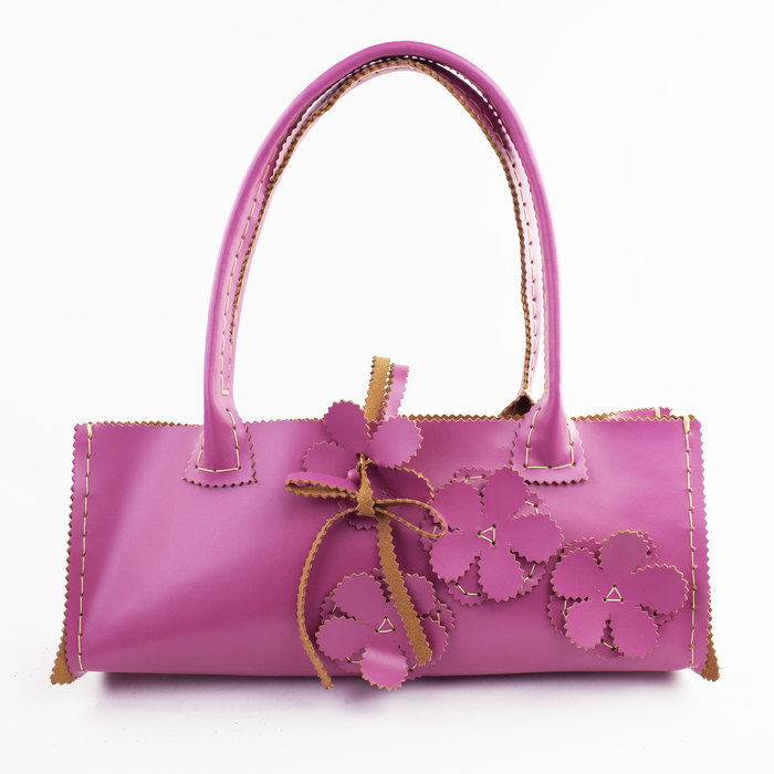 Shoulder Leather Purse with Hand Cut Flower Motif