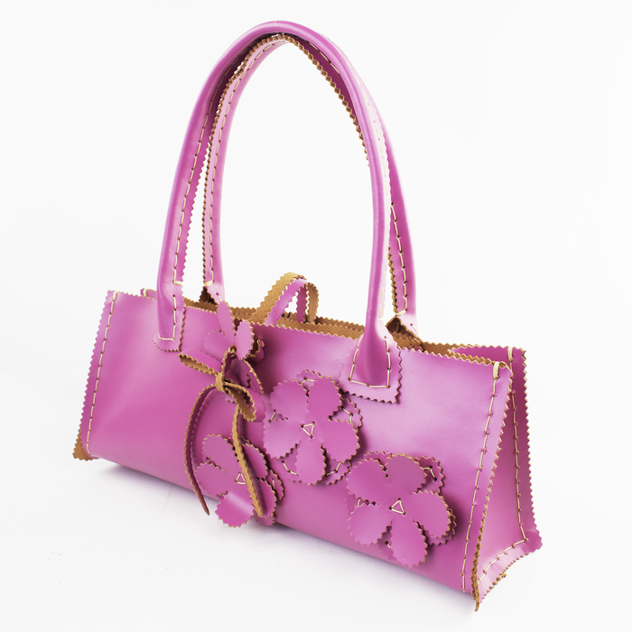 Shoulder Leather Purse with Hand Cut Flower Motif