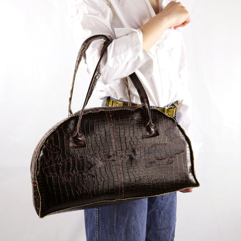 Chocolate Brown Embossed Leather with Alligators in Half Moon Shape