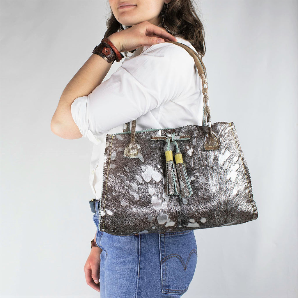 Silver Brindle Fur Leather Tote with Tassels