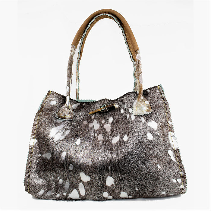 Silver Brindle Fur Leather Tote with Tassels