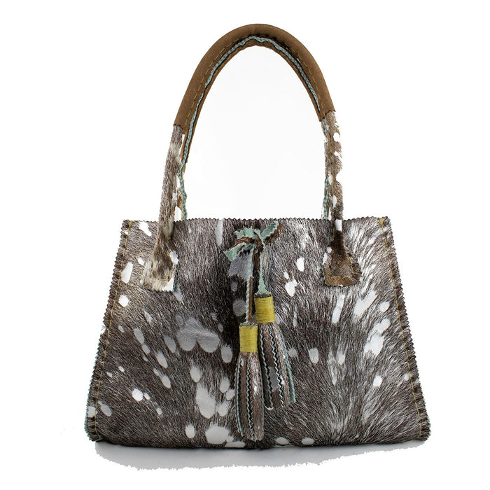 Silver Brindle Fur Leather Tote with Tassels