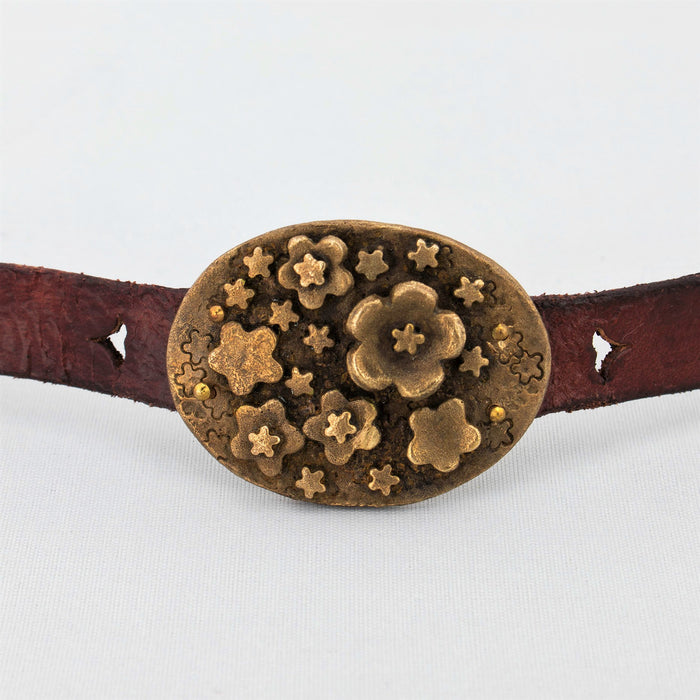 Gold Floral Bronze Medallion Red Bordeaux Vintage Leather Buckle Bracelet