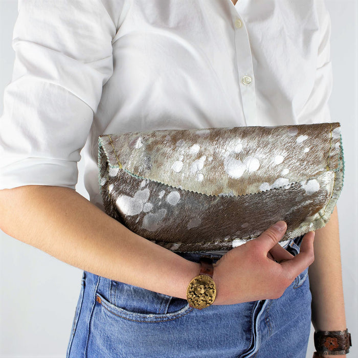 Silver Printed Brindle Fur Leather Clutch