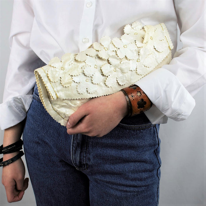 Floral Clutch in a Pearled Ivory Crinkled Leather