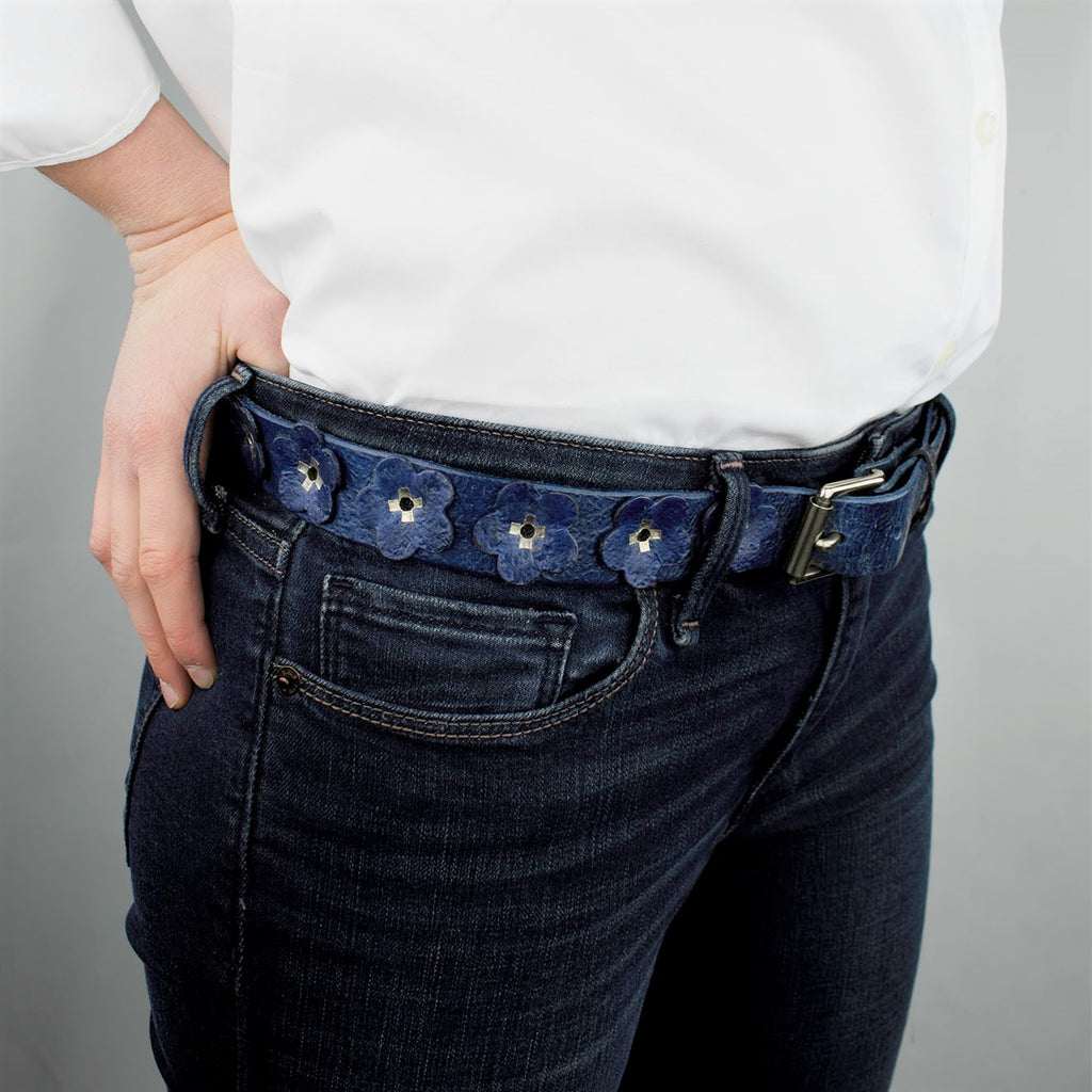 Distressed Cadet Blue Vintage Leather Belt with Flowers, Stainless Steel Rivets and Buckle