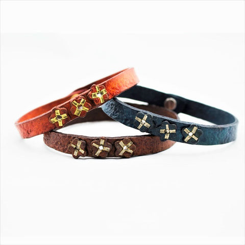 Floral Motif Rustic Leather Bangle with Hand Cut Rivets