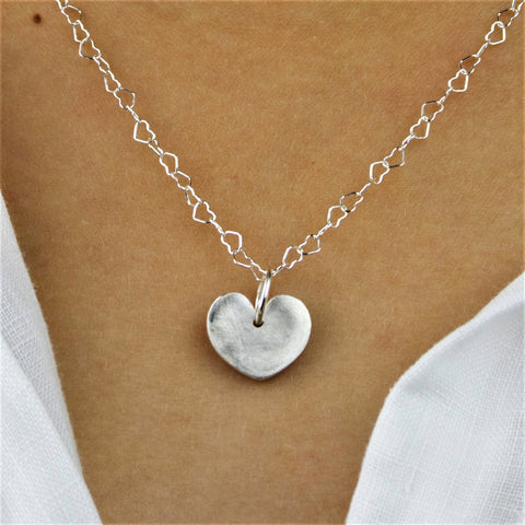 Delightful Fine Silver Heart Charm Necklace with Satin Finish