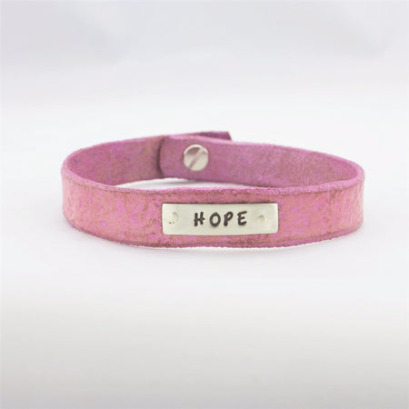 Sterling Silver Message of HOPE Distressed Pink Leather Bangle