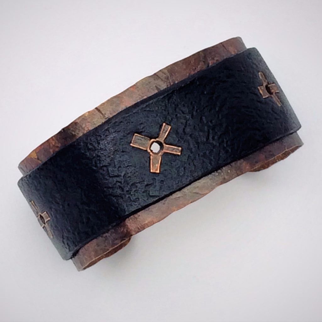 Mens Hand Forged Copper and Distressed Leather Cuff with Rivets