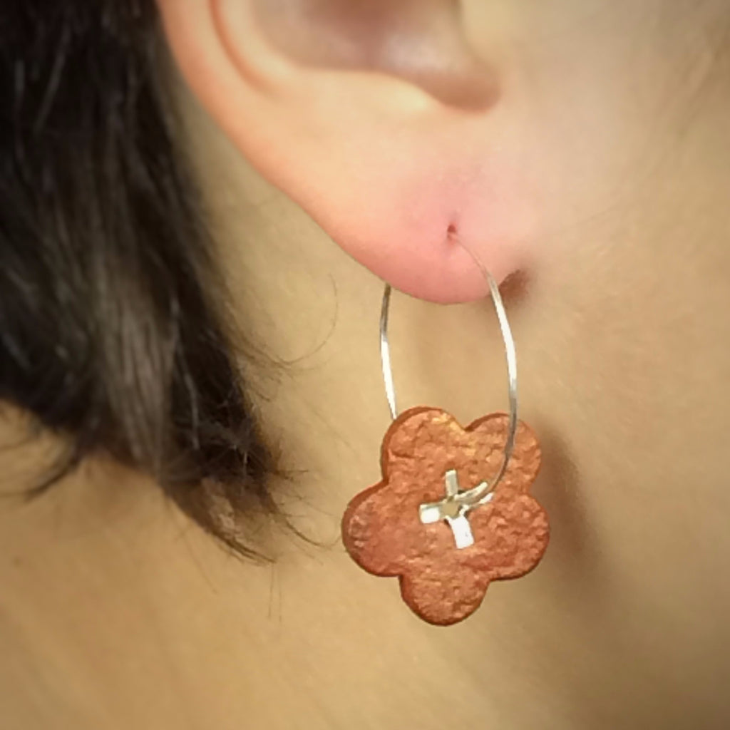 Vintage Pumpkin Orange Leather Floral Earrings with Sterling Silver Hoops and Rivets