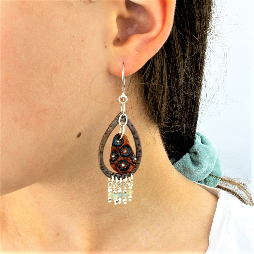 Stamped Floral Droplet Leather Earrings with Copper, Aquamarine Stones and Sterling Silver Beads