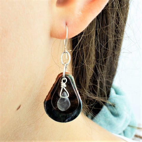 Stamped Peacock Leather Earrings with Copper and a Translucent Blue Labradorite Stone