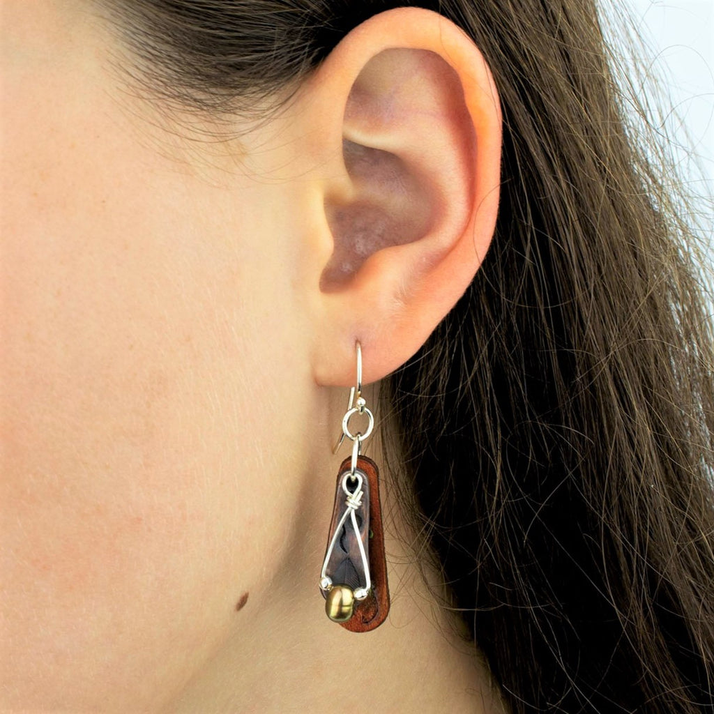 Leather and Copper Trumpet Vine Motif Earrings with Freshwater Pearl and Silver Beads on