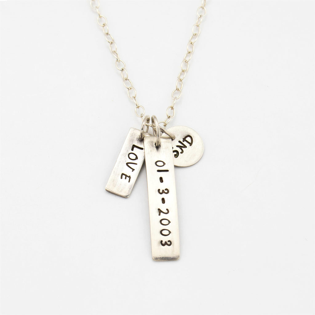 Stamped Sterling Silver Keepsake Necklace with Monogrammed Words, Date and Initials