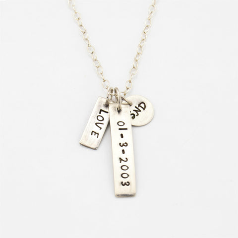 Stamped Sterling Silver Keepsake Necklace with Monogrammed Words, Date and Initials