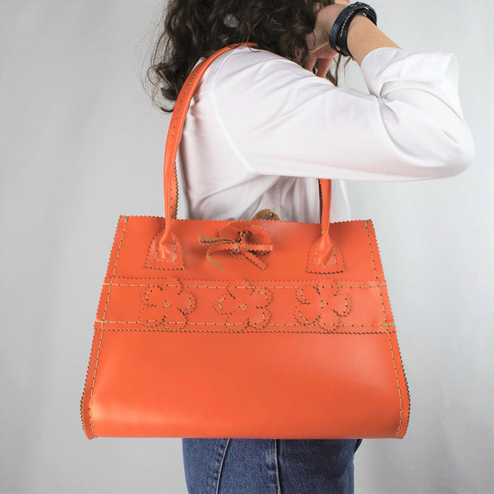 Leather  Hand Bag with Floral Motif and Modern Square Shape