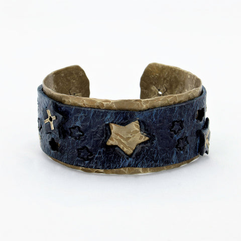 Blackened Silver Nickel and Vintage Cadet Blue Leather Cuff with Stars