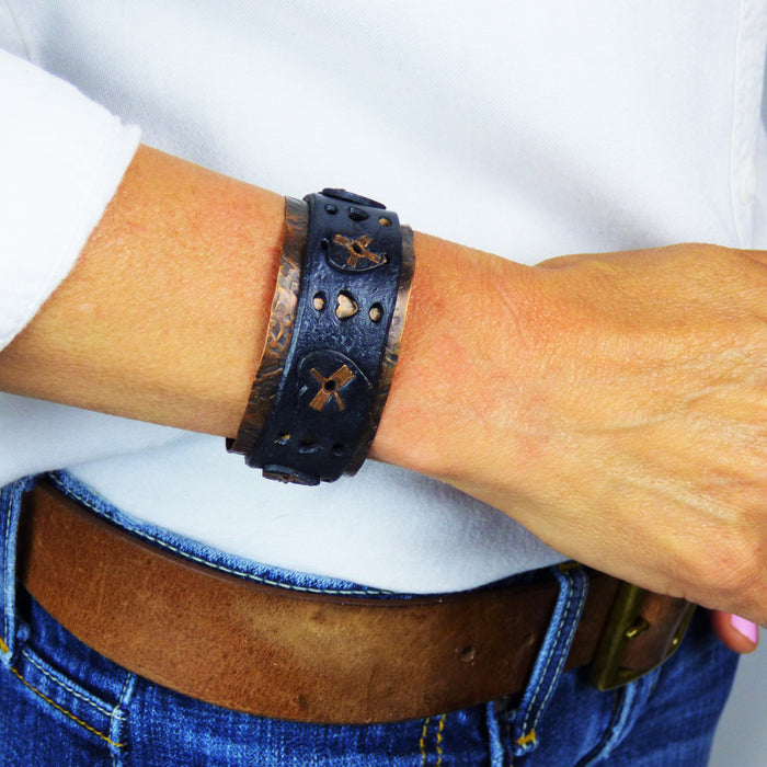 Distressed Black Leather and Copper Cuff with Multiple Heart Design