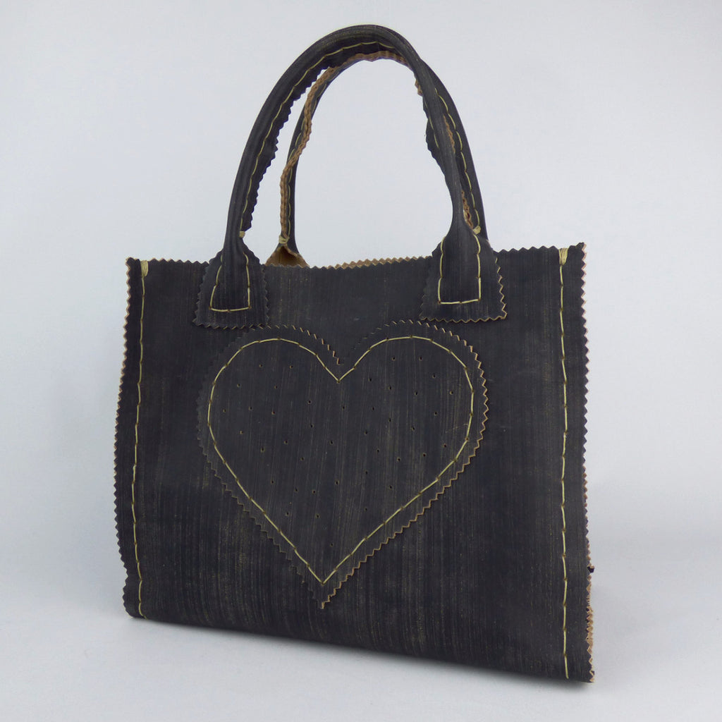 Distressed Black Leather Mini Shopper Tote with Handsewn Heart