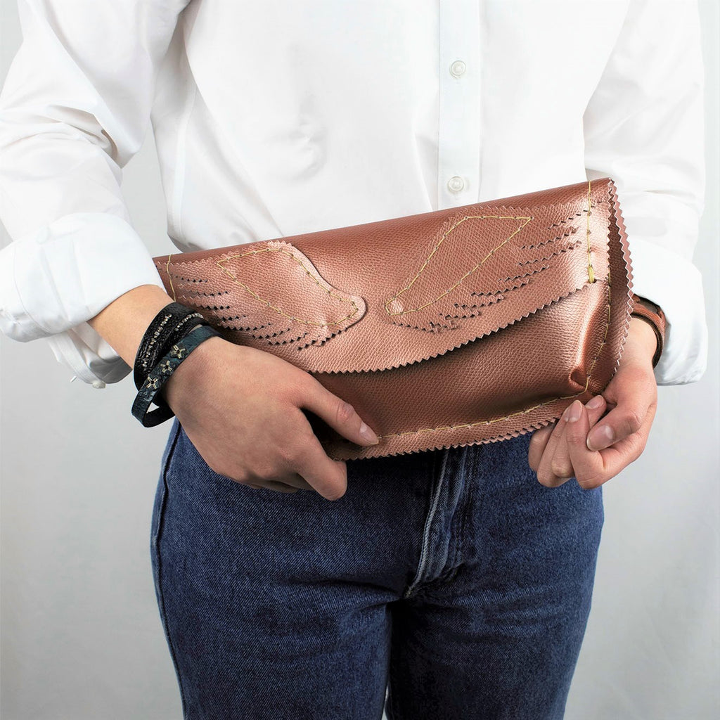 Pink Salmon Leather Envelope Clutch with Pegasus Wings