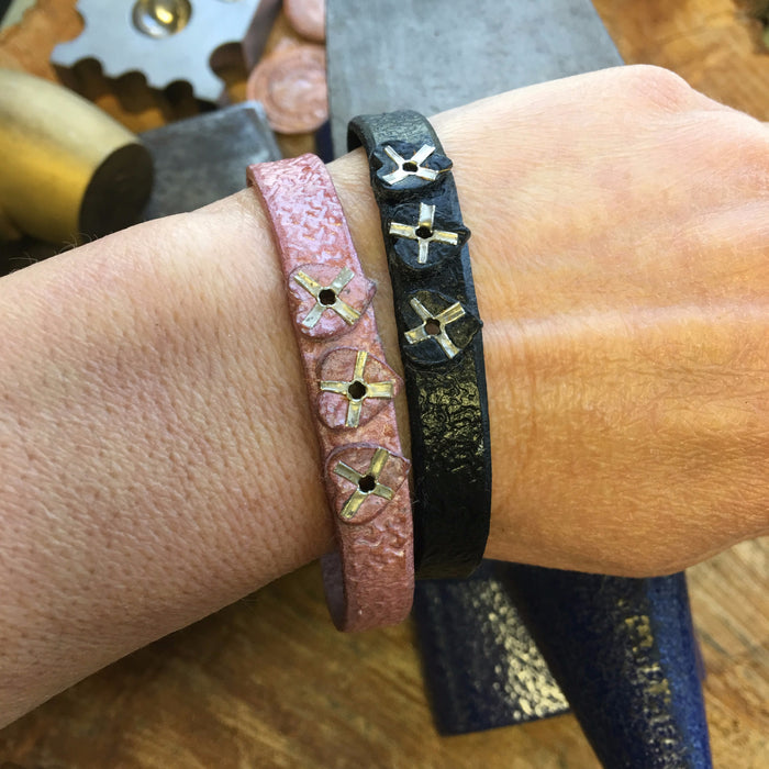 Three of Hearts Vintage Leather Bangle with Hand Cut Rivets