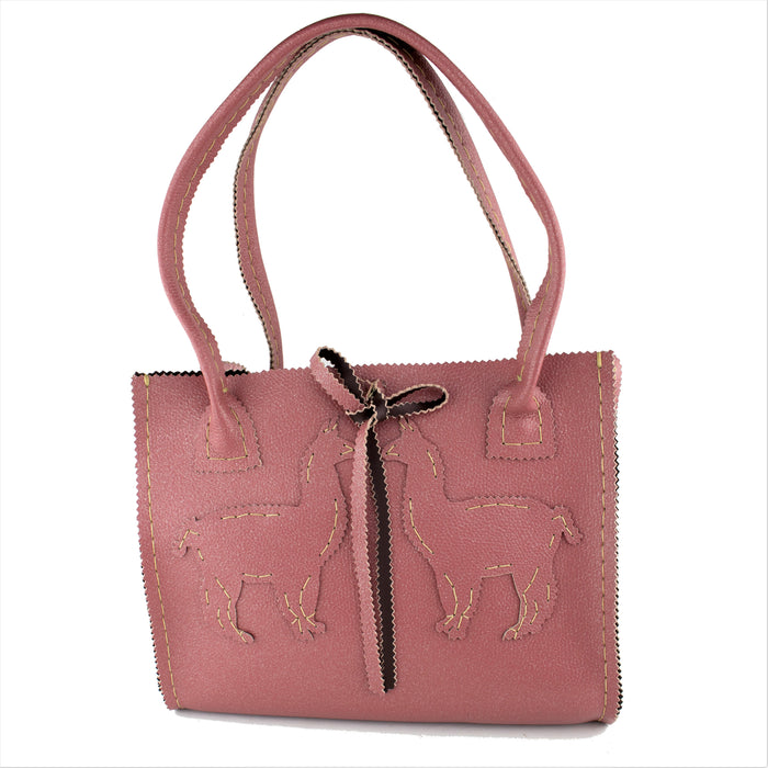 Salmon Pink Leather Handbag with a Silver Shimmer and Handcut with Llama's