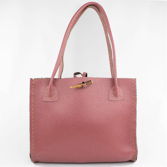 Salmon Pink Leather Handbag with a Silver Shimmer and Handcut with Llama's