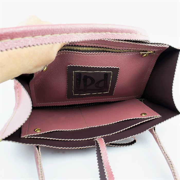Mauve Pink Leather Handbag with Llamas and Silver Shimmer