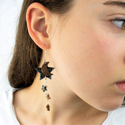 Blue Leather Star with Copper Moon and Mini Stars Strung from Sterling Silver Earrings