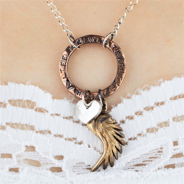 Teacher Necklace with Sterling Silver Heart, Bronze Wing and Custom Quote