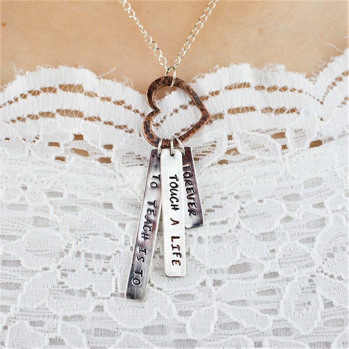 Copper Heart Pendant Teacher Necklace with Custom Message in Sterling Silver