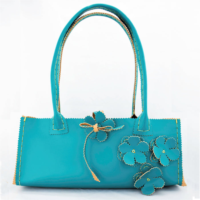 Dark Eggshell Blue Purse with Hand Cut Flower Motif