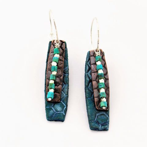 Honeycomb Leather and Copper with Turquoise and Sterling Silver Bead Earrings