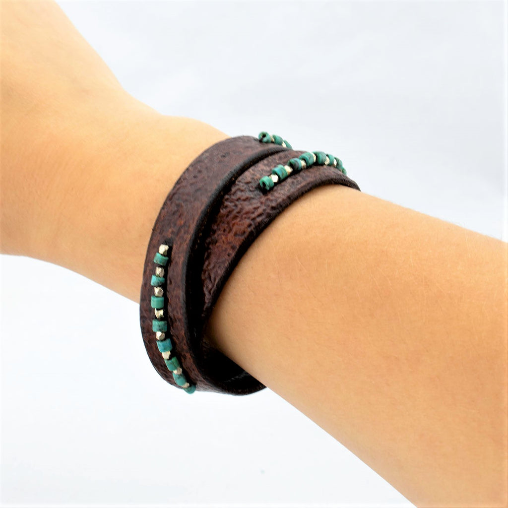 Turquoise Heishi and Fine Silver Beaded  Cognac Brown Leather Wrap Bracelet