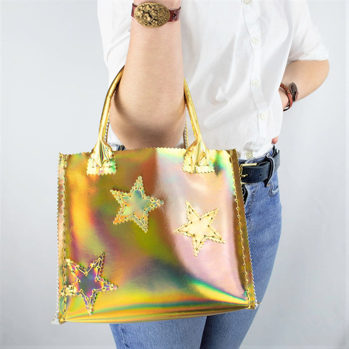 Unicorn and Stars Handbag in Holographic Gold Leather