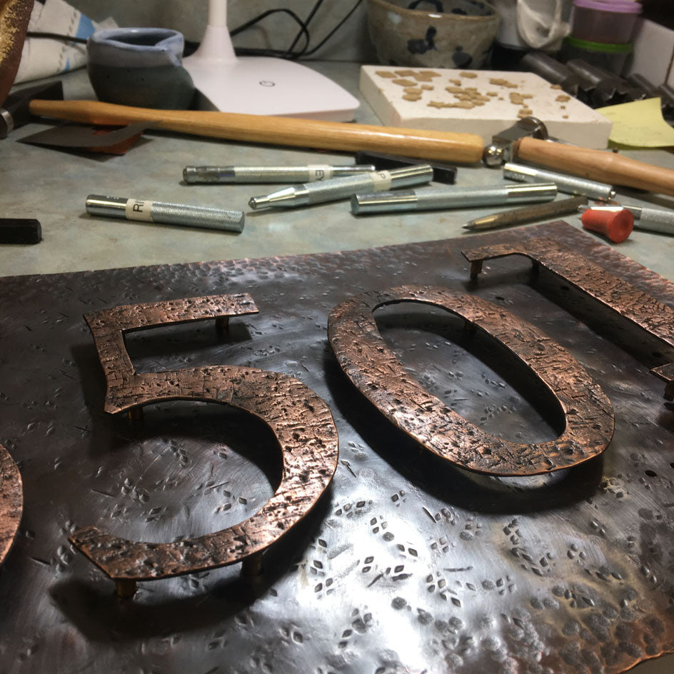 Hand Forged Copper Address Plaque with Kiln Fired Copper Metal Numbers