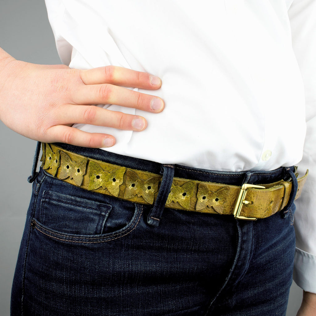 Distressed Golden Olive Vintage Leather Belt with Butterflies, Brass Rivets and Buckle